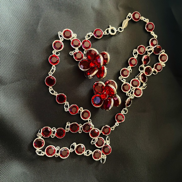 Rafaelian Open Bezel Set Crystal Red Chiclet Necklace and Earrings Set NOS - Picture 2 of 16